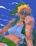  1girl absurdres bandana blonde_hair blue_background breasts commentary cutoffs deltoids dirty dirty_face english_commentary exposed_pocket green_bandana green_shorts green_vest highres kasamoto_eri large_breasts metal_slug midriff mismatched_eyebrows muscular muscular_female navel one_eye_closed red_eyes relusionh short_hair shorts sleeveless smoke solo sweat tank_top thick_eyebrows very_sweaty vest white_tank_top 