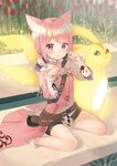  animal_ears belt bike_shorts blush boots carbuncle_(final_fantasy) cat_ears child cloak final_fantasy final_fantasy_xiv looking_at_viewer midorikawa_you miqo'te pink_eyes pink_hair short_hair short_ponytail side_ponytail sitting solo t'kebbe tail wariza 