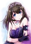  black_hair blue_eyes blush breasts collarbone floral_print gloves hairband highres idolmaster idolmaster_cinderella_girls idolmaster_cinderella_girls_starlight_stage jewelry large_breasts long_hair looking_at_viewer open_mouth pendant sagisawa_fumika satogo solo 