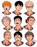  6+boys :o ahoge artist_name azumane_asahi black_hair blonde_hair closed_eyes collared_shirt facial_hair freckles glasses goatee grey_hair haikyuu!! hair_between_eyes hair_bun highres hinata_shouyou kageyama_tobio leecheedoodles male_focus mole mole_under_eye multicolored_hair multiple_boys nishinoya_yuu orange_hair sawamura_daichi shirt short_hair smile streaked_hair sugawara_koushi tanaka_ryuunosuke tongue tongue_out tsukishima_kei upper_body white_background yamaguchi_tadashi 