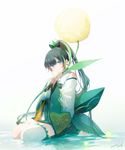  absurdres barefoot black_hair blue_eyes dandelion flower highres long_hair looking_at_viewer moss_(2225028) onmyoji ponytail seiza sitting smile solo thighhighs toeless_legwear toes white_legwear ying_grass 