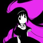  akemi_homura ange_(angeban93) black_eyes black_hair bow closed_mouth dress expressionless funeral_dress hairband homulilly long_hair mahou_shoujo_madoka_magica purple_background simple_background solo very_long_hair 