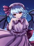  arm_garter bat_wings blue_hair eyebrows eyebrows_visible_through_hair frilled_shirt_collar frills hakusai_ponzu hat hat_ribbon looking_at_viewer mob_cap night pink_hat pink_shirt pink_skirt puffy_short_sleeves puffy_sleeves red_eyes red_ribbon remilia_scarlet ribbon sash shirt short_hair short_sleeves skirt sky smile solo star_(sky) starry_sky touhou upper_body wing_collar wings 