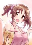  :d apron bare_shoulders blush breasts brown_eyes brown_hair cleavage collarbone hair_ornament highres idolmaster idolmaster_cinderella_girls jewelry large_breasts looking_at_viewer open_mouth satogo smile solo totoki_airi twintails 