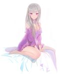  bangs bare_legs barefoot between_legs blunt_bangs blush_scarlet breasts cleavage closed_mouth colored_eyelashes crystal detached_sleeves dress elf emilia_(re:zero) eyebrows eyebrows_visible_through_hair frilled_dress frills grey_hair hair_down long_hair looking_at_viewer md5_mismatch medium_breasts nightgown on_bed pointy_ears purple_dress purple_eyes re:zero_kara_hajimeru_isekai_seikatsu short_dress silver_hair simple_background sitting sketch solo white_background 
