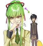  1girl c.c. code_geass creayus food green_hair kimi_no_na_wa lelouch_lamperouge long_hair parody personality_switch pizza ponytail smile yellow_eyes 