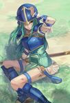  armor belt commentary_request fire_emblem fire_emblem:_akatsuki_no_megami fire_emblem:_souen_no_kiseki gloves green_hair helmet long_hair mai_yukari nephenee polearm skirt solo weapon 