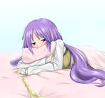  bangs blush chain commentary_request covered_mouth cuffs flower gnlo hair_flower hair_ornament long_hair long_sleeves looking_at_viewer lying on_stomach puffy_long_sleeves puffy_sleeves purple_eyes purple_hair shackles solo touhou tsukumo_benben under_covers 