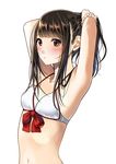  adjusting_hair bikini_top blush brown_eyes brown_hair closed_mouth collarbone highres kentaurosu long_hair matsuno_chiya navel original solo tying_hair upper_body 