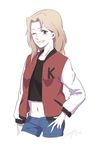  ;d alternate_costume artist_name blonde_hair cropped_legs denim denim_shorts girls_und_panzer hand_on_hip jacket kay_(girls_und_panzer) letterman_jacket long_hair midriff navel neiigal one_eye_closed open_mouth shorts smile solo tank_top white_background 