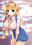  blonde_hair blue_eyes breasts covered_nipples large_breasts long_hair neko_neko_koneko nipples school_uniform see-through solo wet wet_clothes 