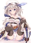  bad_anatomy bad_hands bare_shoulders beret black_legwear blue_eyes blush boots bow bow_panties breasts collarbone commentary_request cucouroux_(granblue_fantasy) detached_sleeves fukuda_shuushi granblue_fantasy hair_ribbon hat highres knee_boots large_breasts long_hair long_sleeves looking_at_viewer panties pantyshot pantyshot_(sitting) polka_dot polka_dot_panties ribbon silver_hair sitting skirt smile solo striped striped_ribbon thighhighs twintails two_side_up underwear white_panties 