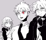  ahoge danganronpa danganronpa_3 heterochromia hinata_hajime hood hooded_jacket jacket komaeda_nagito mechanical_arm multiple_boys nanami_chiaki nanika_(nnkgh) necktie red_eyes smile spoilers spot_color super_danganronpa_2 