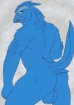  2019 anthro avian backsack balls beak ben300 bird blue_eyes blue_feathers butt digital_media_(artwork) feathers looking_back male meme nude solo tweetfur 