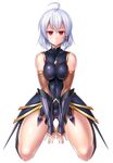  1girl ahoge artist_request bare_shoulders bodysuit breast_press breasts character_request covered_navel female kneeling lilith-soft looking_at_viewer no_bra red_eyes shiny_skin short_hair sittting solo taimanin_asagi taimanin_asagi_battle_arena white_hair 