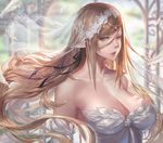  bare_shoulders blonde_hair blurry breasts bridal_veil bride cleavage depth_of_field detached_sleeves dress gtunver hair_ribbon half-closed_eyes kiss-shot_acerola-orion_heart-under-blade large_breasts long_hair md5_mismatch monogatari_(series) pointy_ears ribbon solo veil wedding_dress white_feathers yellow_eyes 
