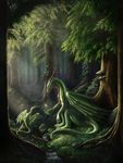  4_toes aaros_(artist) amazing_background ambiguous_gender antlers blue_eyes claws creek day detailed_background digitigrade dragon duo feral fur grass green_fur green_skin horn membranous_wings moss nude outside sitting smile toes tree water wings 