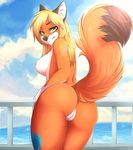  anthro bare_back black_nose blonde_hair breasts butt canine chloe-dog day eyelashes female fluffy fluffy_tail fox fur green_eyes hair inner_ear_fluff mammal nipples nude orange_fur outside pink_nipples pussy smile solo standing water wide_hips 