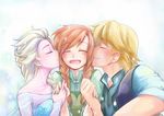  2girls :d ^_^ anna_(frozen) blonde_hair blush braid brown_hair cheek_kiss closed_eyes closed_mouth collarbone double_cheek_kiss elsa_(frozen) eyebrows eyebrows_visible_through_hair frozen_(disney) hair_over_shoulder happy holding_hands kiss kristoff_(frozen) light_particles long_hair multiple_girls open_mouth pin.s sandwiched short_hair siblings sisters smile twin_braids upper_body 