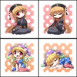  american_flag_dress american_flag_legwear animal_ears black_dress blonde_hair blush chibi chinese_clothes closed_eyes clownpiece commentary_request dress fairy_wings hat hemogurobin_a1c highres jester_cap junko_(touhou) long_hair long_sleeves looking_at_viewer multiple_girls open_mouth pantyhose polka_dot pom_pom_(clothes) red_eyes ribbon saliva seiza short_dress sitting sleeping smile star star_print striped tabard touhou very_long_hair wariza wide_sleeves wings yellow_ribbon 