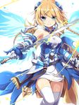  aqua_eyes bare_shoulders blonde_hair braid elbow_gloves gloves hair_ornament highres kozakura_(dictionary) puzzle_&amp;_dragons shield sword thighhighs twin_braids valkyrie_(p&amp;d) water_valkyrie_(p&amp;d) weapon wings 