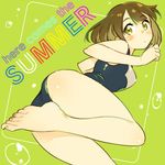  ass barefoot blush breasts brown_hair closed_mouth english eyebrows eyebrows_visible_through_hair feet foreshortening green_background green_eyes head_tilt medium_breasts one-piece_swimsuit original short_hair solo summer swimsuit thighs toes zpolice 