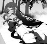  1girl ass bare_shoulders blush breasts consort_yu_(fate) earrings fate/grand_order fate_(series) gloves greyscale jewelry long_hair looking_at_viewer looking_back lying medium_breasts monochrome on_stomach open_mouth palm_tree solo suga_hideo sweat teeth tongue tree 