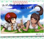  3girls asahina_aoi brown_hair closed_eyes cloud danganronpa danganronpa_1 dark_skin day doughnut flower food food_on_face grass green_eyes hair_flower hair_ornament happy_birthday high_ponytail imo_(kong) koizumi_mahiru looking_at_another lying multiple_boys multiple_girls necktie on_side open_mouth photo_(object) plaid plaid_neckwear ponytail red_hair shinai shorts smile super_danganronpa_2 sword tank_top timestamp weapon 