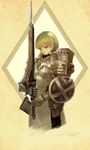  armor blonde_hair blush braid closed_mouth copyright_request cropped_legs expressionless holding holding_sword holding_weapon n.a. sheath solo sword weapon yellow_eyes 