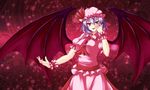  absurdres ascot bad_id bad_pixiv_id bat_wings breasts brooch commentary cowboy_shot fangs hat hat_ribbon highres jewelry large_breasts lavender_hair looking_at_viewer mob_cap older parted_lips pink_shirt pink_skirt puffy_short_sleeves puffy_sleeves red_eyes red_ribbon remilia_scarlet ribbon sash shirt short_hair short_sleeves skirt skirt_set smile solo touhou wings wrist_cuffs zeramu 