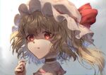  1girl :p absurdres blonde_hair blood blood_on_clothes blood_on_hands flandre_scarlet gradient_background hat hat_ribbon highres kopi_(user_ajtn7422) medium_hair mob_cap one_side_up red_eyes red_ribbon ribbon simple_background solo tongue tongue_out touhou upper_body white_hat 