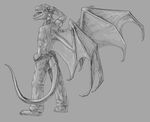  5_fingers aaros_(artist) anthro barefoot clothed clothing dragon grey_background greyscale hair hand_behind_head looking_at_viewer male membranous_wings monochrome simple_background sketch smile solo wings 