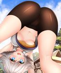  ass bent_over bike_shorts blue_eyes blush breasts cloud day embarrassed farrah_(granblue_fantasy) flipped_hair from_below granblue_fantasy grey_hair healther kneepits looking_at_viewer medium_breasts navel no_bra open_mouth outdoors short_hair sky solo sweat thighs underboob upshirt 