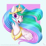  blue_hair crown english_text equine feathered_wings feathers female feral friendship_is_magic fur green_hair hair horn mammal multicolored_hair my_little_pony open_mouth pink_eyes princess_celestia_(mlp) purple_hair purple_pupils solo swanlullaby teeth text tongue url winged_unicorn wings 