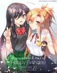  2girls accel_world antenna_hair arita_haruyuki asuna_(sao) black_hair braid brown_eyes brown_hair creator_connection crossover dated happy_birthday keychain kirito kuroyukihime long_hair multiple_girls pig ponytail red_eyes school_uniform sword_art_online trianon umesato_middle_school_uniform 