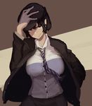  adjusting_clothes adjusting_hat black_hair black_jacket breasts cabbie_hat commentary_request dress_shirt forbidden_scrollery hat highres jacket kikimifukuri large_breasts long_sleeves looking_at_viewer necktie open_clothes open_jacket parted_lips pointy_ears red_eyes shameimaru_aya shirt short_hair smile solo striped striped_neckwear suit_jacket touhou upper_body white_shirt 