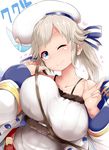 ;) bare_shoulders belt beret between_breasts blonde_hair blue_eyes blush breasts buckle character_name collarbone commentary_request cucouroux_(granblue_fantasy) granblue_fantasy hat head_tilt heart highres large_breasts long_hair looking_at_viewer mizuyan navel one_eye_closed simple_background smile solo strap strap_cleavage white_background 