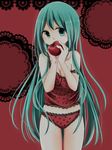  apple camisole food fruit green_eyes green_hair hair_down hatsune_miku highres lace lace-trimmed_panties long_hair looking_at_viewer panties red_background romeo_to_cinderella_(vocaloid) solo strap_slip suzunatsuki_runa underwear very_long_hair vocaloid 