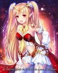 :d blonde_hair circlet detached_sleeves goosebumps_(circle) hand_on_hip long_hair looking_at_viewer midriff navel open_mouth pointy_ears red_eyes seikon_no_arcana smile solo sparkle standing twintails watermark yoreri 
