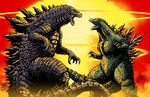  ambiguous_gender claws duo godzilla godzilla_(series) kaiju monster open_mouth reptile scales scalie spikes teeth text 