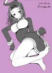  2016 asahina_hikage bare_legs barefoot black_gloves breasts commentary_request dated eyebrows eyebrows_visible_through_hair full_body gloves hair_intakes kantai_collection large_breasts long_sleeves looking_at_viewer mechanical_halo monochrome panties panties_around_one_leg panties_removed purple_background short_hair simple_background smile solo tatsuta_(kantai_collection) twitter_username underwear white_panties 