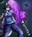  anon anthro black_nose blue_eyes canine clothing digital_media_(artwork) explosion female fight fire fur gloves grey_fur grin hair hi_res jacket jeans mammal mature_female pants pltnm06ghost punch randochris shirt simple_background superpowers suzanne_hayabusa t-shirt text wolf 