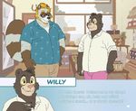  2016 5_fingers anthro artdecade bear beard black_nose blonde_hair brown_fur clothed clothing colson duo english_text eyebrows eyewear facial_hair fur glasses grey_fur hair inside male mammal multicolored_fur overweight overweight_male pants pink_nose ringed_tail shirt standing tanuki text two_tone_tail visual_novel white_fur willy_(artdecade) 