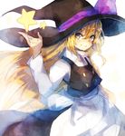  absurdres apron black_dress blonde_hair bow buttons commentary_request dress hair_bow hat hat_bow highres kasuka_(kusuki) kirisame_marisa long_hair long_sleeves purple_bow solo star touhou waist_apron witch_hat yellow_eyes 