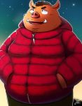  2019 anthro boar brown_fur clothing fur male mammal night overweight overweight_male pants porcine solo star sweater takkusk 