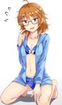  araki_hina barefoot bikini bikini_under_clothes blush breasts brown_eyes brown_hair cleavage glasses highres idolmaster idolmaster_cinderella_girls karikura_(atatata71) kneeling medium_breasts navel open_mouth short_hair smile solo swimsuit 