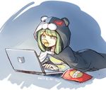  animal_hood bear_hood character_hood chips computer cosplay danganronpa danganronpa_3 food green_eyes green_hair hood laptop long_hair monaka_(danganronpa) monokuma monokuma_(cosplay) neet potato_chips pringle_duck solo zettai_zetsubou_shoujo 