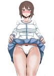  blush breasts brown_eyes brown_hair girls_und_panzer go-m highres large_breasts nishizumi_maho panties short_hair simple_background skirt skirt_lift solo underwear white_background white_panties 