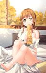  baguette barefoot blush book bread breasts brown_hair eating feet food highres indoors kunikida_hanamaru long_hair looking_at_viewer love_live! love_live!_sunshine!! medium_breasts off_shoulder on_bed panties sideboob solo tucana underwear window yellow_eyes 