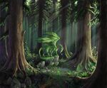  aaros_(artist) amazing_background ambiguous_gender collar day detailed detailed_background digitigrade dragon feral forest grass horn membranous_wings moss nude solo standing tree wings 